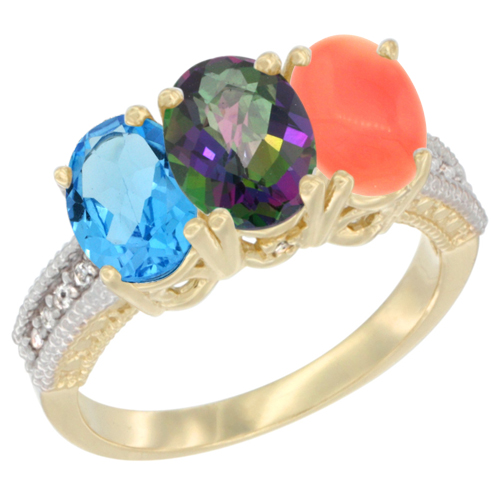 14K Yellow Gold Natural Swiss Blue Topaz, Mystic Topaz & Coral Ring 3-Stone 7x5 mm Oval Diamond Accent, sizes 5 - 10