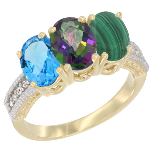 14K Yellow Gold Natural Swiss Blue Topaz, Mystic Topaz & Malachite Ring 3-Stone 7x5 mm Oval Diamond Accent, sizes 5 - 10