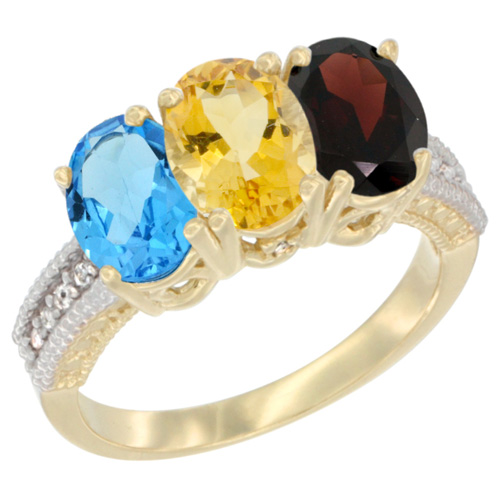 14K Yellow Gold Natural Swiss Blue Topaz, Citrine & Garnet Ring 3-Stone 7x5 mm Oval Diamond Accent, sizes 5 - 10