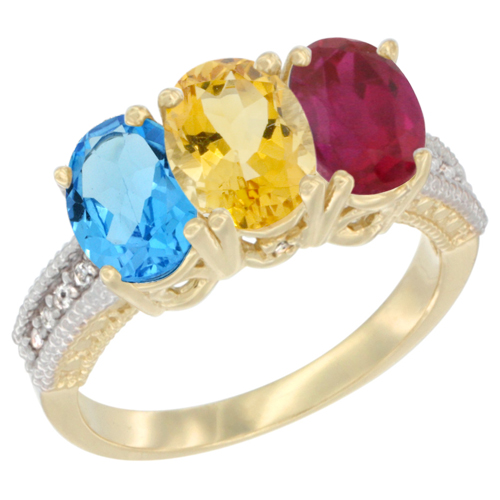 10K Yellow Gold Diamond Natural Swiss Blue Topaz, Citrine & Enhanced Ruby Ring 3-Stone Oval 7x5 mm, sizes 5 - 10