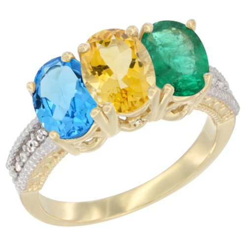 10K Yellow Gold Diamond Natural Swiss Blue Topaz, Citrine & Emerald Ring 3-Stone Oval 7x5 mm, sizes 5 - 10