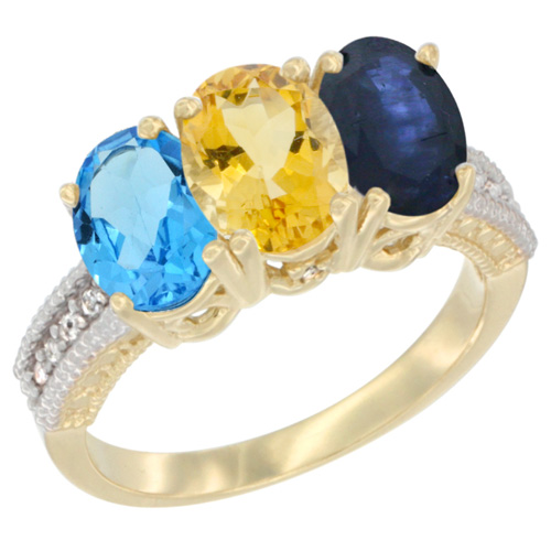 10K Yellow Gold Diamond Natural Swiss Blue Topaz, Citrine & Blue Sapphire Ring 3-Stone Oval 7x5 mm, sizes 5 - 10