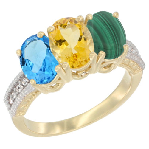14K Yellow Gold Natural Swiss Blue Topaz, Citrine & Malachite Ring 3-Stone 7x5 mm Oval Diamond Accent, sizes 5 - 10