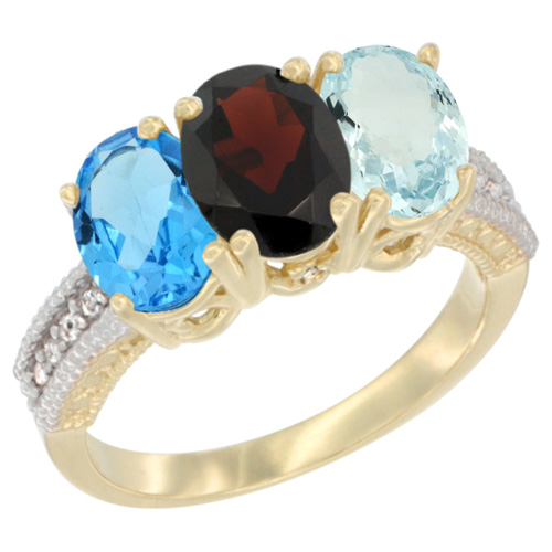 14K Yellow Gold Natural Swiss Blue Topaz, Garnet & Aquamarine Ring 3-Stone 7x5 mm Oval Diamond Accent, sizes 5 - 10