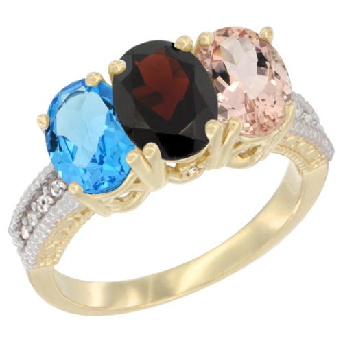 14K Yellow Gold Natural Swiss Blue Topaz, Garnet & Morganite Ring 3-Stone 7x5 mm Oval Diamond Accent, sizes 5 - 10