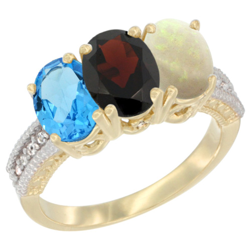 14K Yellow Gold Natural Swiss Blue Topaz, Garnet & Opal Ring 3-Stone 7x5 mm Oval Diamond Accent, sizes 5 - 10