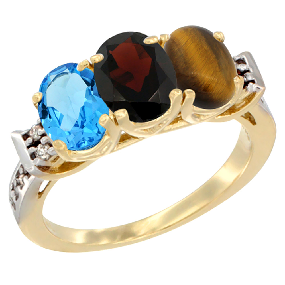 14K Yellow Gold Natural Swiss Blue Topaz, Garnet & Tiger Eye Ring 3-Stone 7x5 mm Oval Diamond Accent, sizes 5 - 10