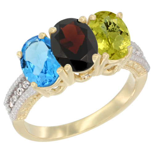14K Yellow Gold Natural Swiss Blue Topaz, Garnet & Lemon Quartz Ring 3-Stone 7x5 mm Oval Diamond Accent, sizes 5 - 10