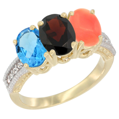 14K Yellow Gold Natural Swiss Blue Topaz, Garnet & Coral Ring 3-Stone 7x5 mm Oval Diamond Accent, sizes 5 - 10