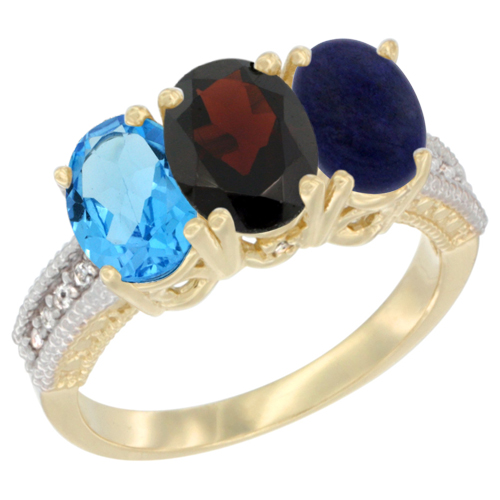 14K Yellow Gold Natural Swiss Blue Topaz, Garnet & Lapis Ring 3-Stone 7x5 mm Oval Diamond Accent, sizes 5 - 10