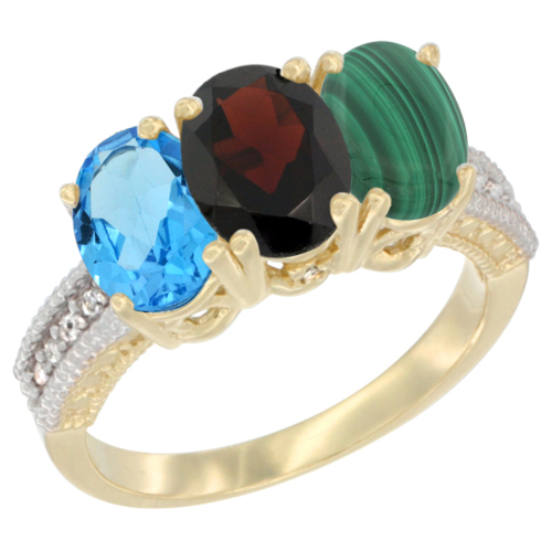 14K Yellow Gold Natural Swiss Blue Topaz, Garnet & Malachite Ring 3-Stone 7x5 mm Oval Diamond Accent, sizes 5 - 10