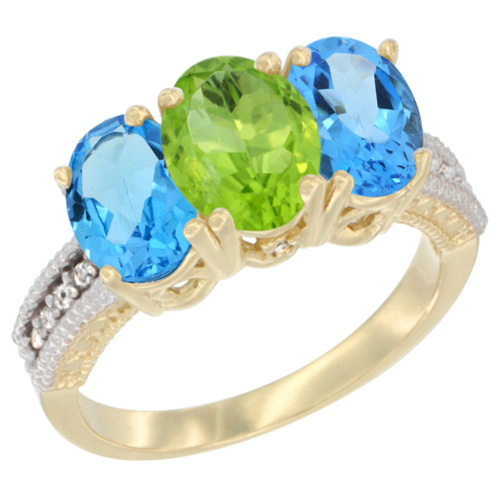 14K Yellow Gold Natural Peridot & Swiss Blue Topaz Sides Ring 3-Stone 7x5 mm Oval Diamond Accent, sizes 5 - 10