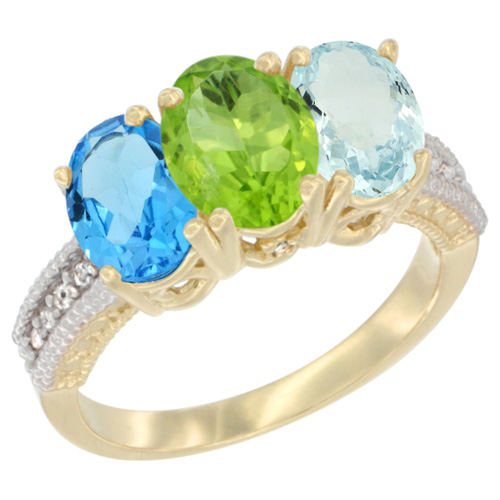 10K Yellow Gold Diamond Natural Swiss Blue Topaz, Peridot & Aquamarine Ring 3-Stone Oval 7x5 mm, sizes 5 - 10