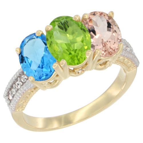 10K Yellow Gold Diamond Natural Swiss Blue Topaz, Peridot & Morganite Ring 3-Stone Oval 7x5 mm, sizes 5 - 10