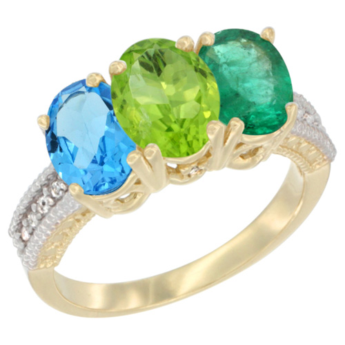 10K Yellow Gold Diamond Natural Swiss Blue Topaz, Peridot & Emerald Ring 3-Stone Oval 7x5 mm, sizes 5 - 10