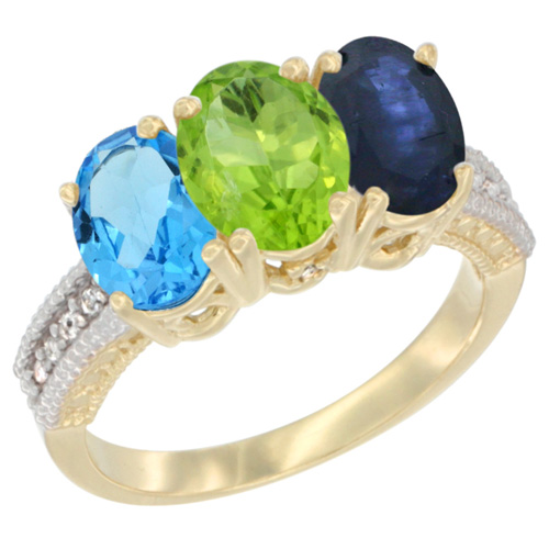 10K Yellow Gold Diamond Natural Swiss Blue Topaz, Peridot & Blue Sapphire Ring 3-Stone Oval 7x5 mm, sizes 5 - 10