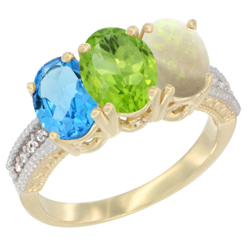 10K Yellow Gold Diamond Natural Swiss Blue Topaz, Peridot & Opal Ring 3-Stone Oval 7x5 mm, sizes 5 - 10