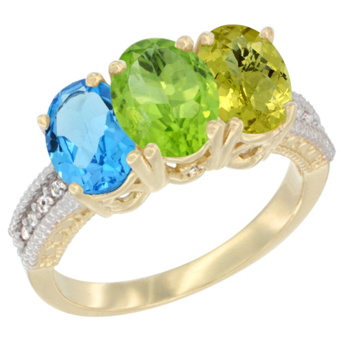 10K Yellow Gold Diamond Natural Swiss Blue Topaz, Peridot & Lemon Quartz Ring 3-Stone Oval 7x5 mm, sizes 5 - 10