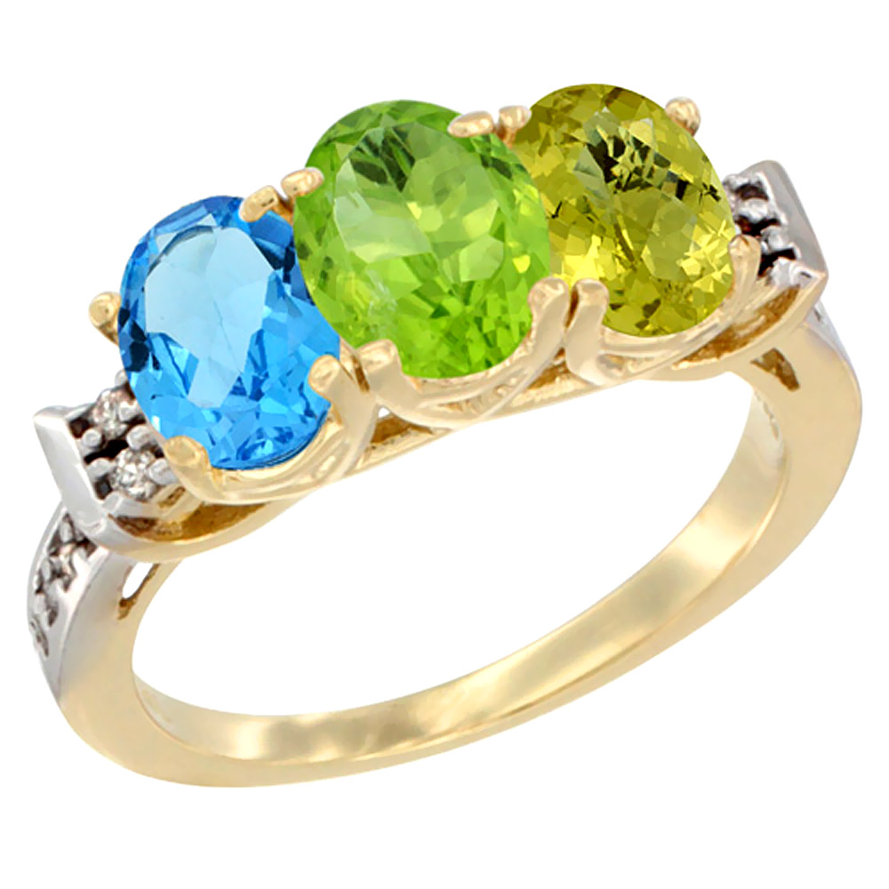 10K Yellow Gold Natural Swiss Blue Topaz, Peridot & Lemon Quartz Ring 3-Stone Oval 7x5 mm Diamond Accent, sizes 5 - 10