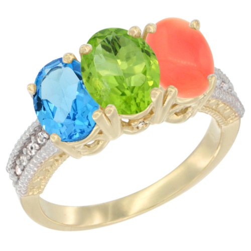 10K Yellow Gold Diamond Natural Swiss Blue Topaz, Peridot & Coral Ring 3-Stone Oval 7x5 mm, sizes 5 - 10