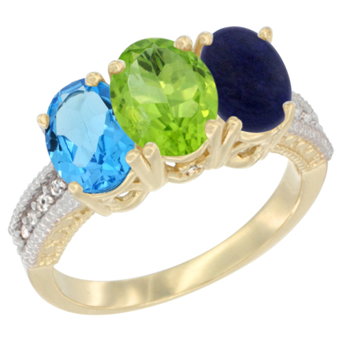 10K Yellow Gold Diamond Natural Swiss Blue Topaz, Peridot & Lapis Ring 3-Stone Oval 7x5 mm, sizes 5 - 10