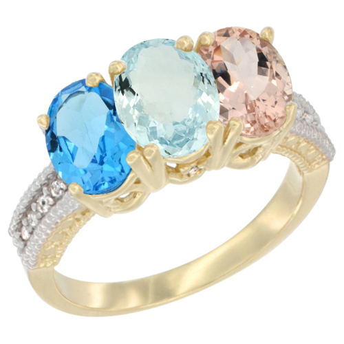 10K Yellow Gold Diamond Natural Swiss Blue Topaz, Aquamarine & Morganite Ring 3-Stone Oval 7x5 mm, sizes 5 - 10