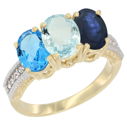 10K Yellow Gold Diamond Natural Swiss Blue Topaz, Aquamarine & Blue Sapphire Ring 3-Stone Oval 7x5 mm, sizes 5 - 10