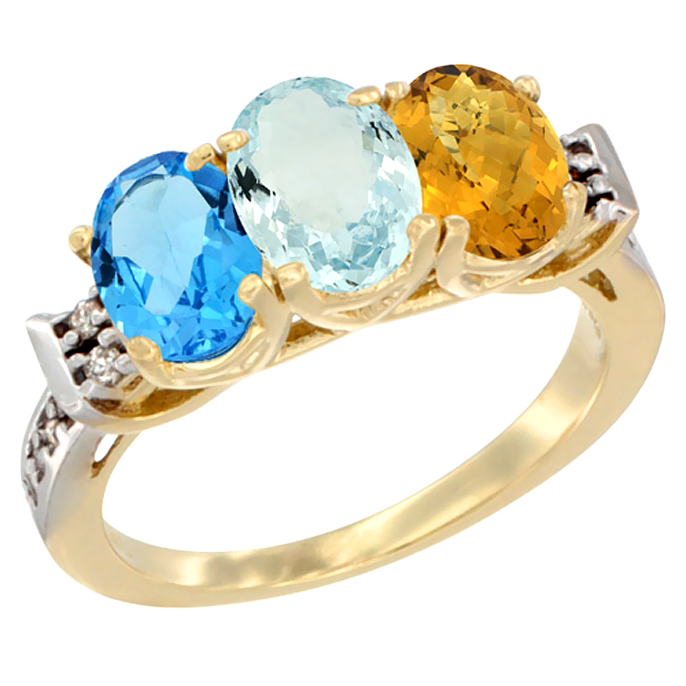 10K Yellow Gold Natural Swiss Blue Topaz, Aquamarine & Whisky Quartz Ring 3-Stone Oval 7x5 mm Diamond Accent, sizes 5 - 10