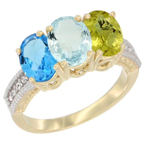 10K Yellow Gold Diamond Natural Swiss Blue Topaz, Aquamarine & Lemon Quartz Ring 3-Stone Oval 7x5 mm, sizes 5 - 10