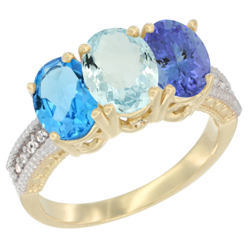 10K Yellow Gold Diamond Natural Swiss Blue Topaz, Aquamarine & Tanzanite Ring 3-Stone Oval 7x5 mm, sizes 5 - 10