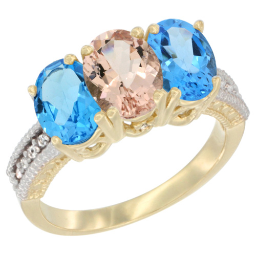 10K Yellow Gold Diamond Natural Morganite & Swiss Blue Topaz Sides Ring 3-Stone Oval 7x5 mm, sizes 5 - 10