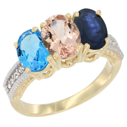 10K Yellow Gold Diamond Natural Swiss Blue Topaz, Morganite & Blue Sapphire Ring 3-Stone Oval 7x5 mm, sizes 5 - 10