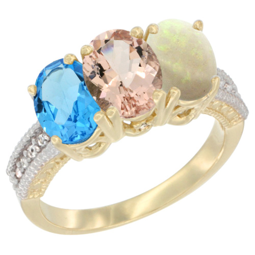 10K Yellow Gold Diamond Natural Swiss Blue Topaz, Morganite & Opal Ring 3-Stone Oval 7x5 mm, sizes 5 - 10