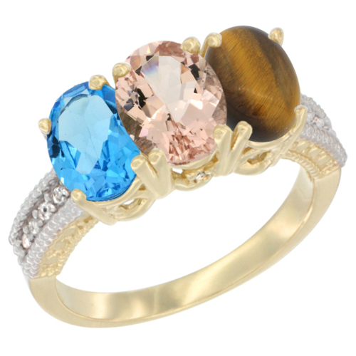 10K Yellow Gold Diamond Natural Swiss Blue Topaz, Morganite & Tiger Eye Ring 3-Stone Oval 7x5 mm, sizes 5 - 10