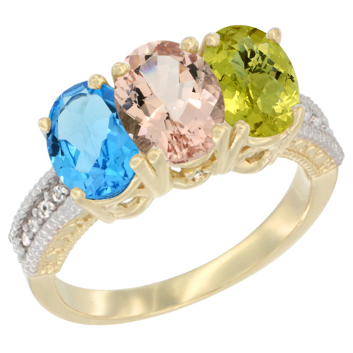 10K Yellow Gold Diamond Natural Swiss Blue Topaz, Morganite & Lemon Quartz Ring 3-Stone Oval 7x5 mm, sizes 5 - 10