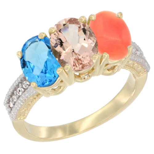 10K Yellow Gold Diamond Natural Swiss Blue Topaz, Morganite & Coral Ring 3-Stone Oval 7x5 mm, sizes 5 - 10