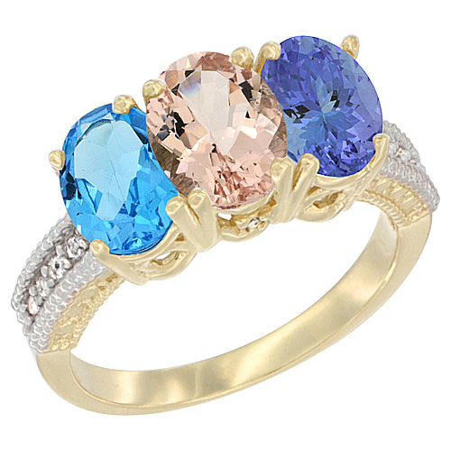 10K Yellow Gold Diamond Natural Swiss Blue Topaz, Morganite & Tanzanite Ring 3-Stone Oval 7x5 mm, sizes 5 - 10