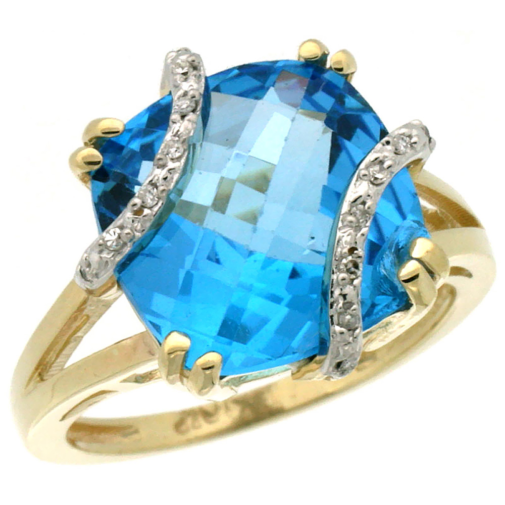 14K Yellow Gold Natural Swiss Blue Topaz Ring Cushion-cut 12x12mm Diamond Accent, sizes 5-10