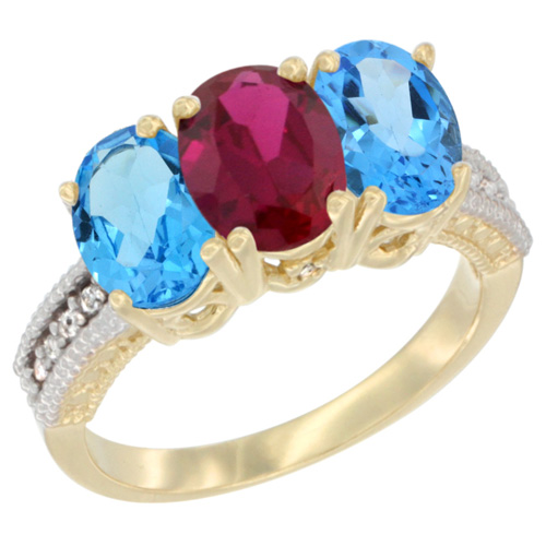 10K Yellow Gold Diamond Enhanced Ruby & Natural Swiss Blue Topaz Sides Ring 3-Stone Oval 7x5 mm, sizes 5 - 10