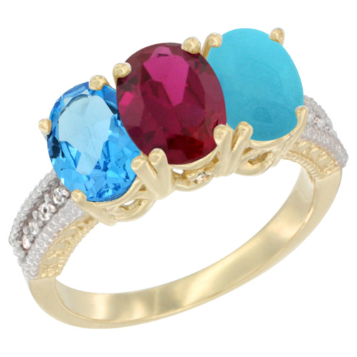 10K Yellow Gold Diamond Natural Swiss Blue Topaz, Enhanced Ruby & Natural Turquoise Ring 3-Stone Oval 7x5 mm, sizes 5 - 10