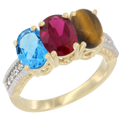 10K Yellow Gold Diamond Natural Swiss Blue Topaz, Enhanced Ruby & Natural Tiger Eye Ring 3-Stone Oval 7x5 mm, sizes 5 - 10