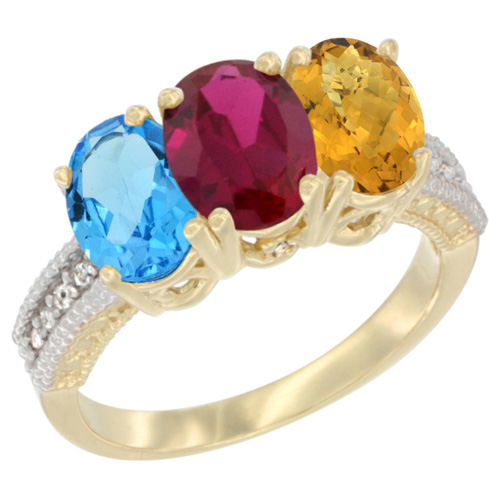 10K Yellow Gold Diamond Natural Swiss Blue Topaz, Enhanced Ruby & Natural Whisky Quartz Ring 3-Stone Oval 7x5 mm, sizes 5 - 10