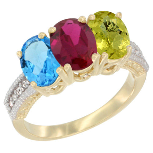 10K Yellow Gold Diamond Natural Swiss Blue Topaz, Enhanced Ruby & Natural Lemon Quartz Ring 3-Stone Oval 7x5 mm, sizes 5 - 10