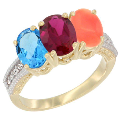 10K Yellow Gold Diamond Natural Swiss Blue Topaz, Enhanced Ruby & Natural Coral Ring 3-Stone Oval 7x5 mm, sizes 5 - 10