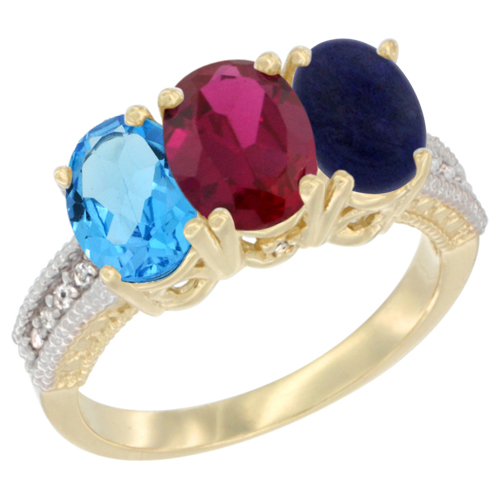 10K Yellow Gold Diamond Natural Swiss Blue Topaz, Enhanced Ruby & Natural Lapis Ring 3-Stone Oval 7x5 mm, sizes 5 - 10