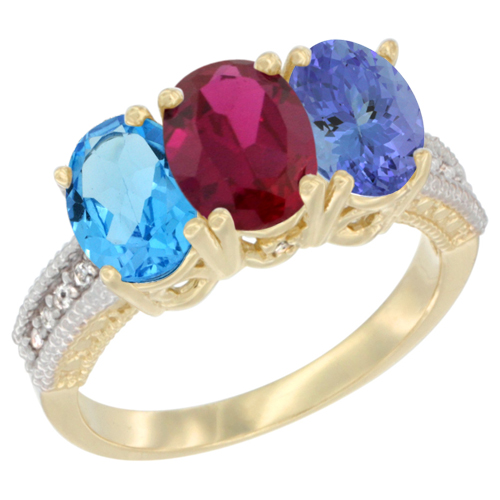 14K Yellow Gold Natural Swiss Blue Topaz, Enhanced Ruby & Natural Tanzanite Ring 3-Stone 7x5 mm Oval Diamond Accent, sizes 5 - 10