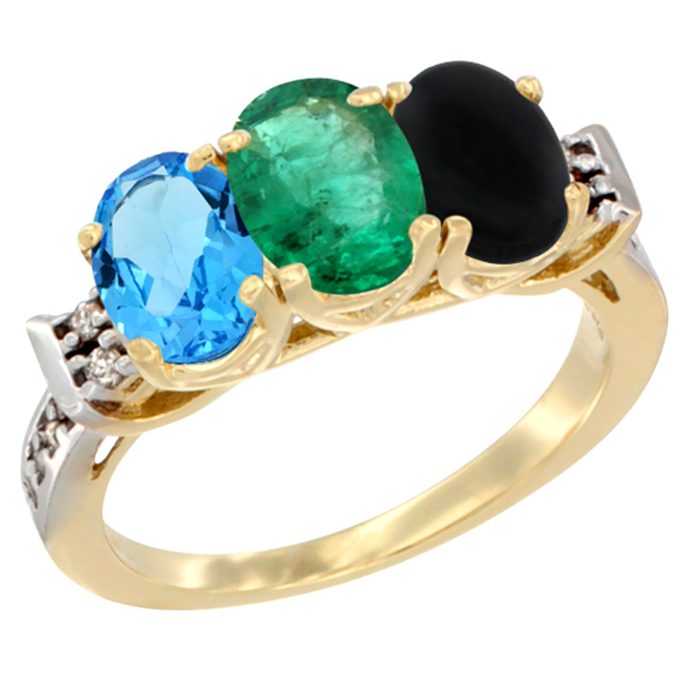14K Yellow Gold Natural Swiss Blue Topaz, Emerald & Black Onyx Ring 3-Stone 7x5 mm Oval Diamond Accent, sizes 5 - 10