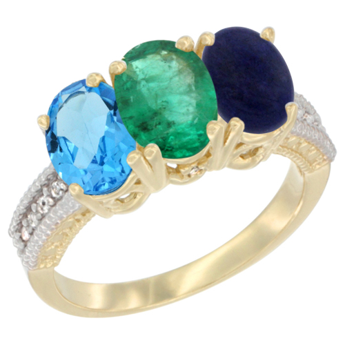 14K Yellow Gold Natural Swiss Blue Topaz, Emerald & Lapis Ring 3-Stone 7x5 mm Oval Diamond Accent, sizes 5 - 10