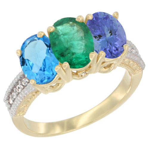 14K Yellow Gold Natural Swiss Blue Topaz, Emerald & Tanzanite Ring 3-Stone 7x5 mm Oval Diamond Accent, sizes 5 - 10