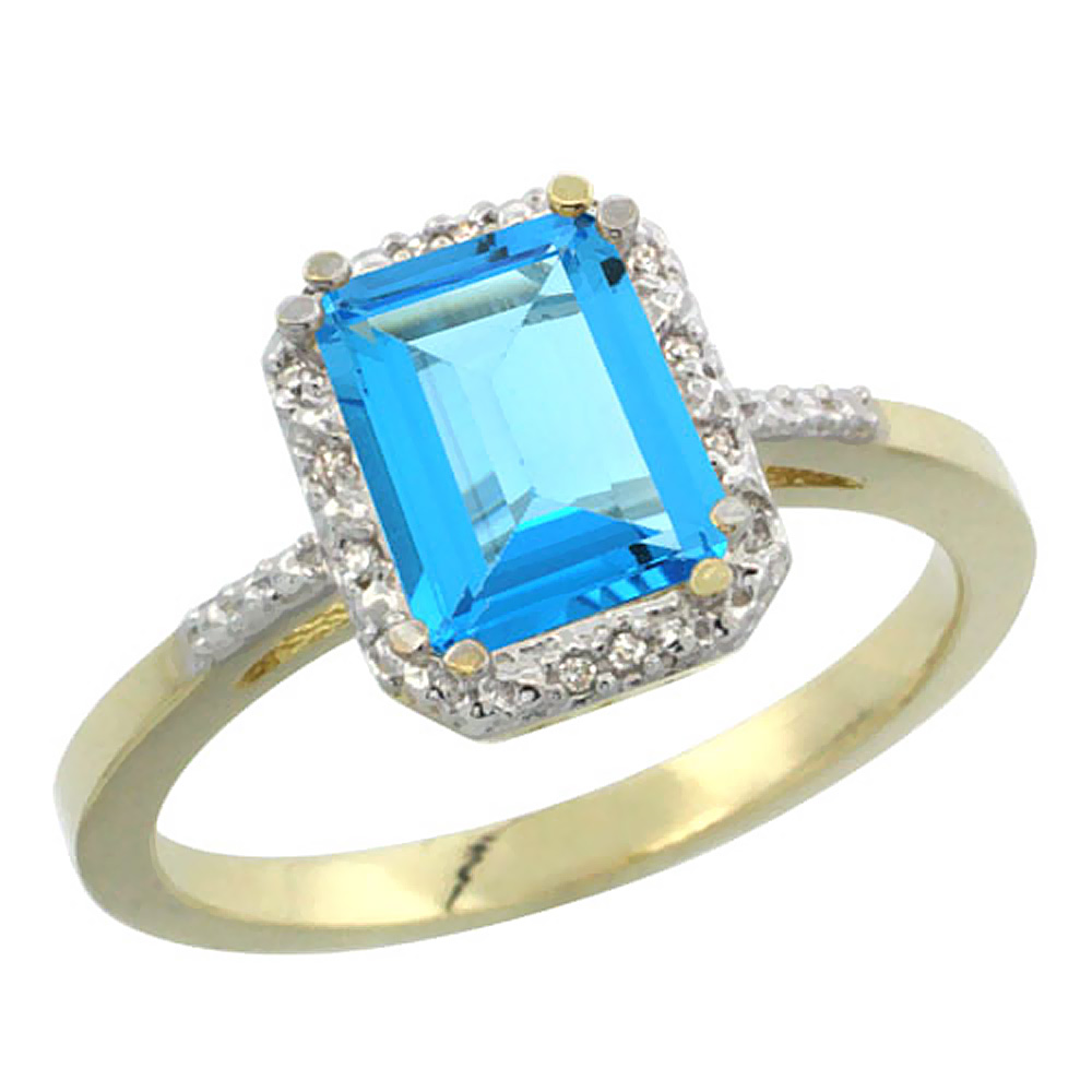 10K Yellow Gold Natural Swiss Blue Topaz Ring Emerald-shape 8x6mm Diamond Accent, sizes 5-10